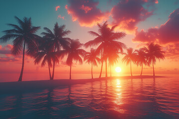 A row of coconut trees and umbrella tree silhouette on Coconut Island sea.  Generative AI.