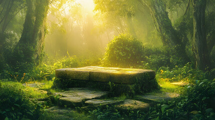 Obraz premium Sunlit Stone Platform in Lush Green Forest