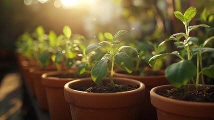 Fototapeta premium Vibrant plants grow in pots, showcasing the beauty of nature and horticultural art. Very suitable for people interested in home decoration, gardening, or plant care.