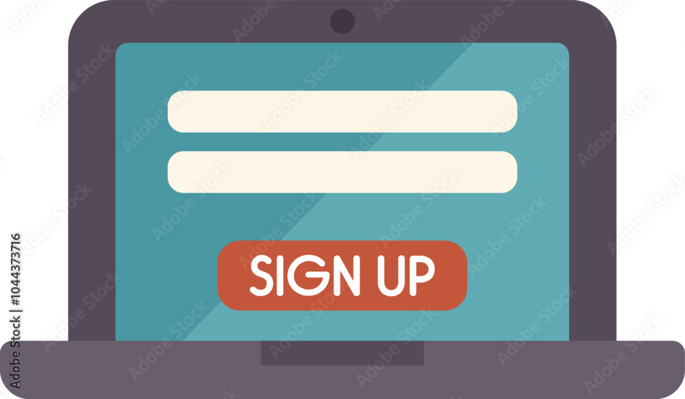 Poster laptop displaying sign up form on its screen, inviting users to create an account and access online 