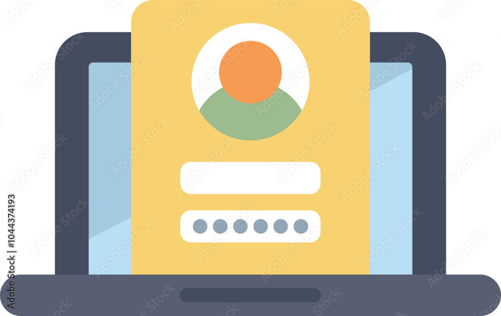 Poster laptop computer showing login screen with user profile icon, password field, and username field