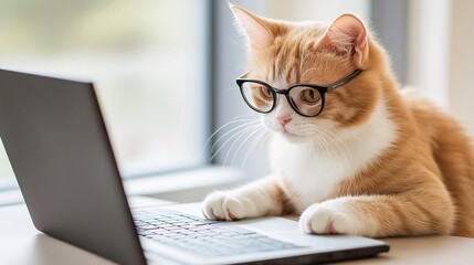 Fototapeta premium Cat Sitting at Desk with Glasses Looking at Laptop