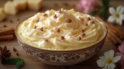 Creamy dessert topped with chocolate bits and surrounded by flowers.
