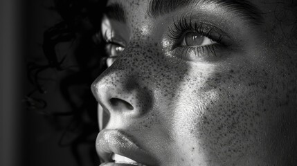 A striking black and white painting depicts the simple beauty of a woman, with a serene face and sharp contours, and the interplay of shadows creates dramatic contrast