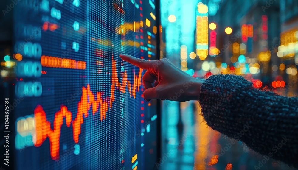 Poster hand interacting with a stock market data display in a city at night