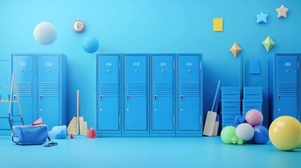 A vibrant blue locker room filled with colorful objects and sports equipment.
