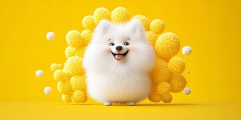 Banner of fluffy white dog surrounded by yellow pompons playful happy cheerful background fun