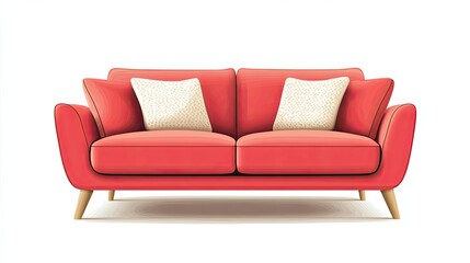 Fototapeta premium Red Two-Seater Sofa with White Patterned Pillows
