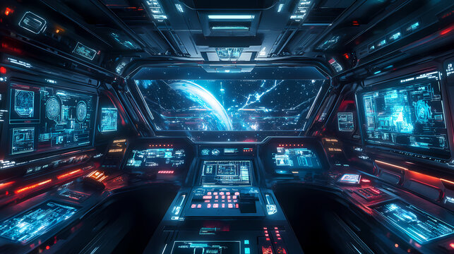 Futuristic spaceship interface with various high-tech elements, digital displays, and holographic data. perfect for sci-fi and technology themes. Holographic Interface. Illustration
