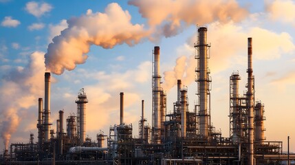 Obraz premium A large industrial plant with many tall smokestacks emitting smoke. The sky is cloudy and the sun is setting