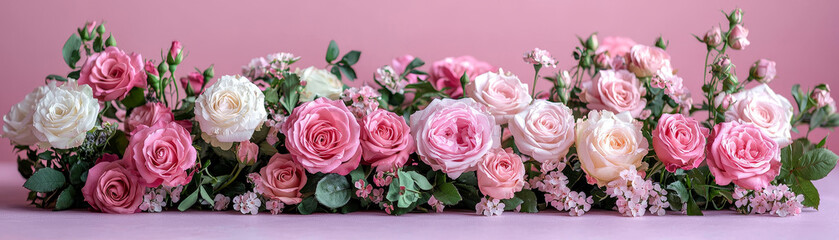 Fototapeta premium Beautiful arrangement of pink and white roses with delicate greenery, perfect for celebrations and special occasions. soft colors create romantic and elegant atmosphere