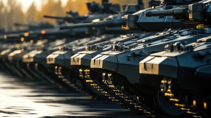 A line of military tanks positioned in a strategic formation during sunset.
