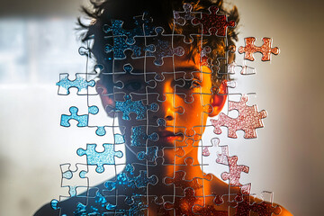 autism artistic portrait, a boy's silhouette behind translucent puzzle pieces