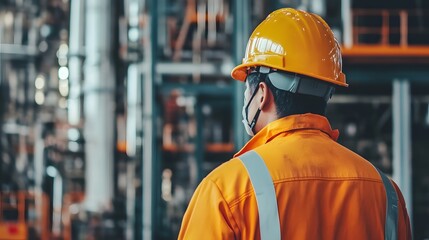 A man in a yellow safety helmet and orange jacket is standing in a factory. He is wearing a mask and he is a worker in a hazardous environment