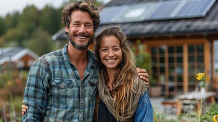 Fototapeta premium happy young couple standing near new modern home with white walls and solar panels on the roof