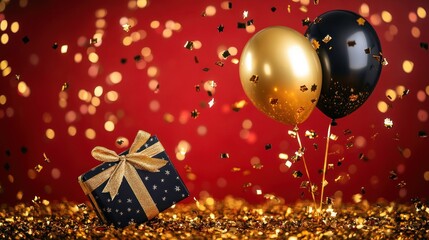 A festive scene featuring a gift, black and gold balloons, and confetti on a red background.
