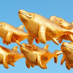 Naklejka premium A collection of golden whale sculptures against a blue sky.