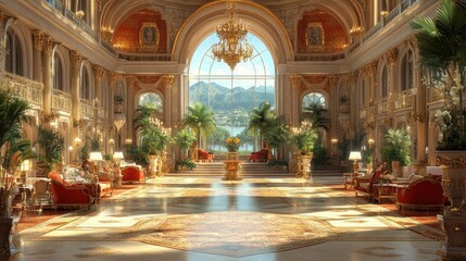 Fototapeta premium Luxurious lobby with elegant decor and natural light.