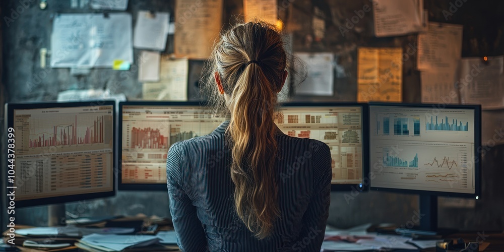 Poster Woman Analyzing Data on Multiple Computer Screens