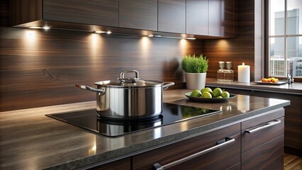 A gleaming stainless steel pot sits atop a sleek black induction cooktop, ready to transform culinary dreams into reality, amidst the warm glow of a contemporary kitchen setting.