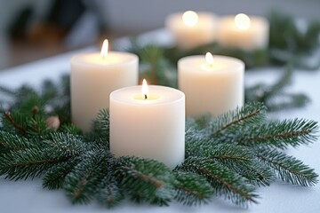 Cozy Winter Scene: Lit White Candles on a Table Surrounded by Pine Branches