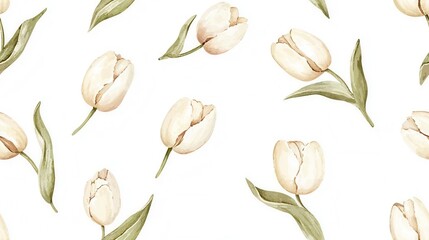 Hand-drawn tulips in neutral tones, scattered randomly, seamless pattern