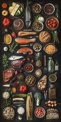 A delightful collection of hand drawn food and kitchen utensils arranged artistically on a black background, resembling a chalkboard menu showcasing meat, vegetables, seafood, and kitchen tools