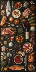 A delightful collection of hand drawn food and kitchen utensils arranged artistically on a black background, resembling a chalkboard menu showcasing meat, vegetables, seafood, and kitchen tools