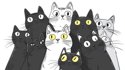 Obraz premium playful illustration featuring group of cats, including black, white, and gray varieties, all with distinct eye colors and expressions. This charming artwork captures essence of feline curiosity and