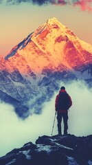 Hiker Admires a Vibrant Himalayan Sunrise Surrounded by Mist in Nepal. Generative AI