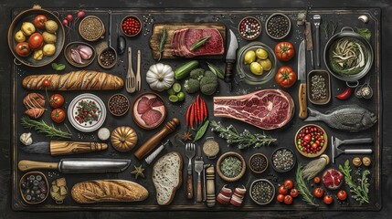 A delightful collection of hand drawn food and kitchen utensils arranged artistically on a black background, resembling a chalkboard menu showcasing meat, vegetables, seafood, and kitchen tools
