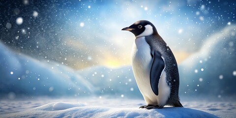 Obraz premium A lone penguin stands on a snow-covered landscape, the sky above filled with a gentle snowfall and a hazy glow of the distant sun.