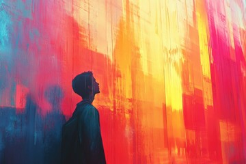 Person Gazing at Vivid Abstract Sunset Reflections on Wall
