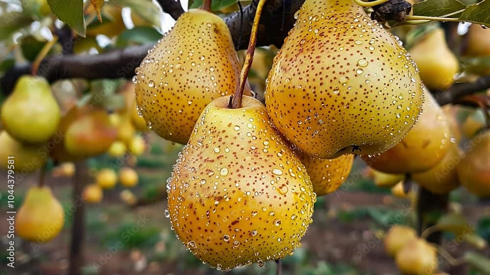 Poster this pears hang from branches, showcasing droplets of dew in a sunlit orchard setting.