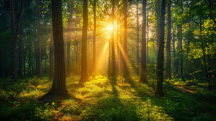 Obraz premium Forest view in tall trees and sunrise 