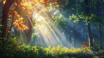 Forest view in tall trees and sunrise 