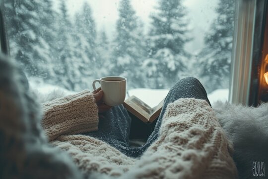 Cozy Winter Morning: Relaxed Reading by the Window with Snowy Forest View
