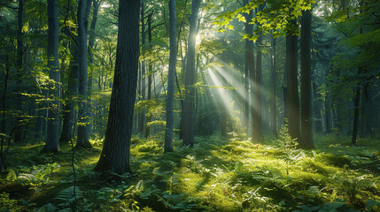 Obraz premium Forest view in tall trees and sunrise 
