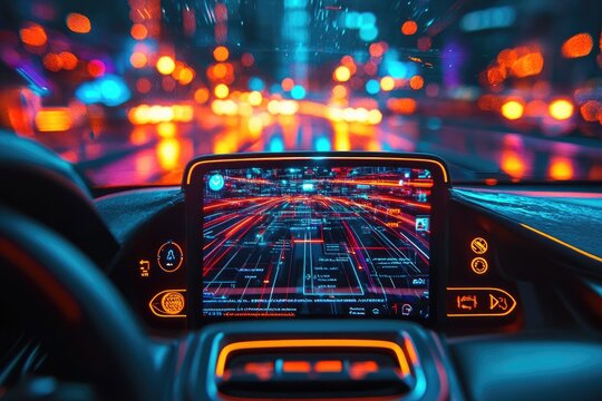 Futuristic Car Interior with Augmented Reality Display in Neon Cityscape