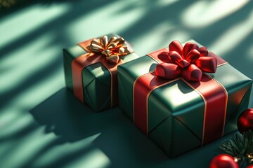 Obraz premium Festive Gift Boxes with Red and Gold Bows on Emerald Background