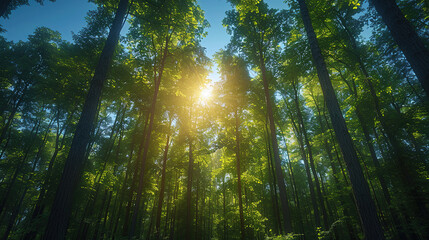 Obraz premium Forest view in tall trees and sunrise 