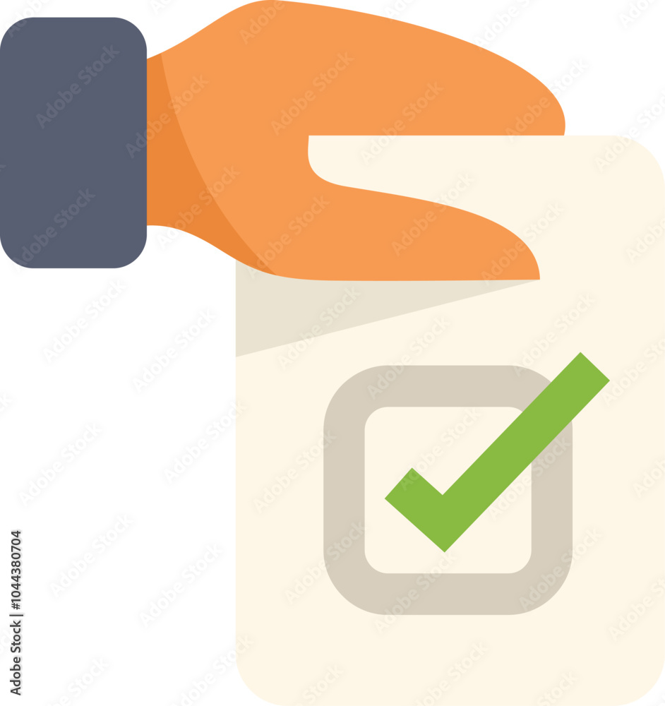 Poster hand is putting a checkmark on a paper document with a green checkmark in a checkbox