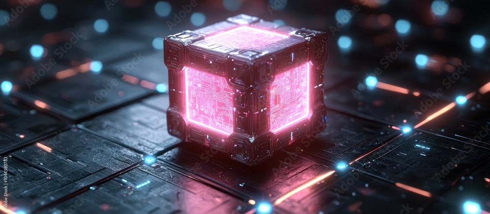 Aufkleber glowing cube with circuitry on a black metallic surface