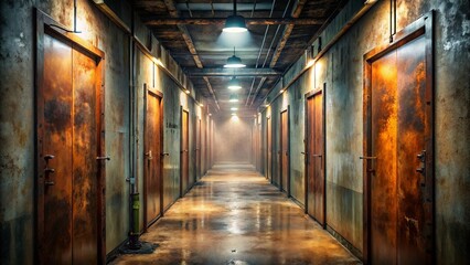 Fototapeta premium A dimly lit hallway with worn steel doors and faded concrete walls, an air of mystery hangs heavy in the air.