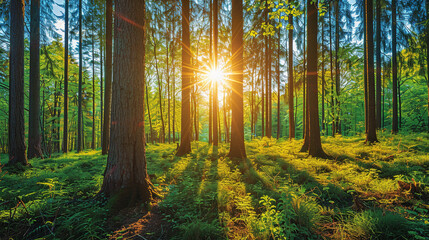 Fototapeta premium Forest view in tall trees and sunrise 