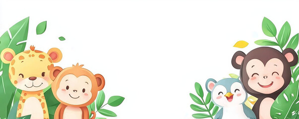 Fototapeta premium Cute jungle animals including leopard, monkey, and bird surrounded by green leaves, creating playful and cheerful atmosphere. Perfect for childrens themes or nature related projects
