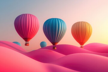 Naklejka premium Colorful Hot Air Balloons Floating Over Surreal Pink Landscape at Sunset