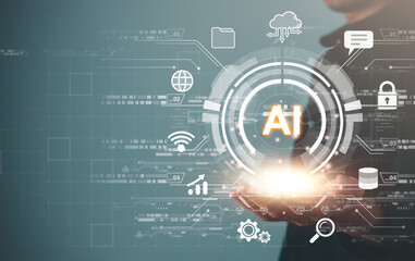 Obraz premium Digital information technology concept. Businessman touching artificial intelligence icon. Chatbot and AI concept.