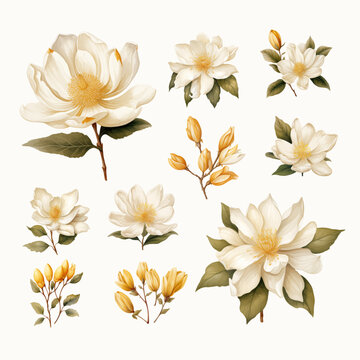 Set of Vintage White Flower Watercolor Clipart