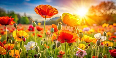 Obraz premium A vibrant field of poppies illuminated by the golden rays of the setting sun, with delicate petals unfurling towards the sky, showcasing nature's beauty in a captivating moment.